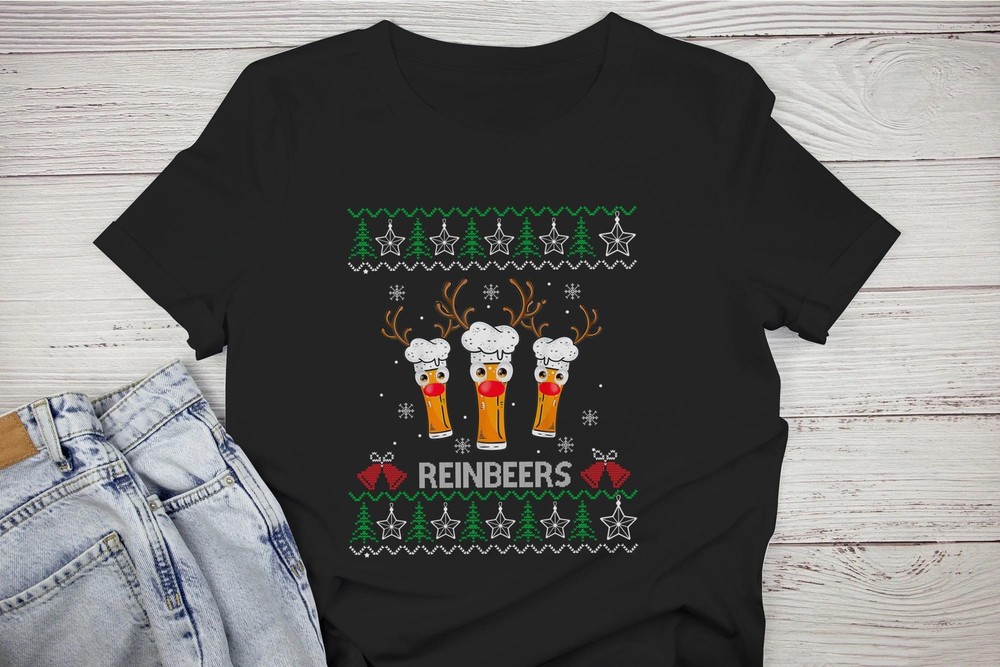 Reinbeers Reindeer Ugly Sweater Christmas Drinking Beer Men T shirt basic