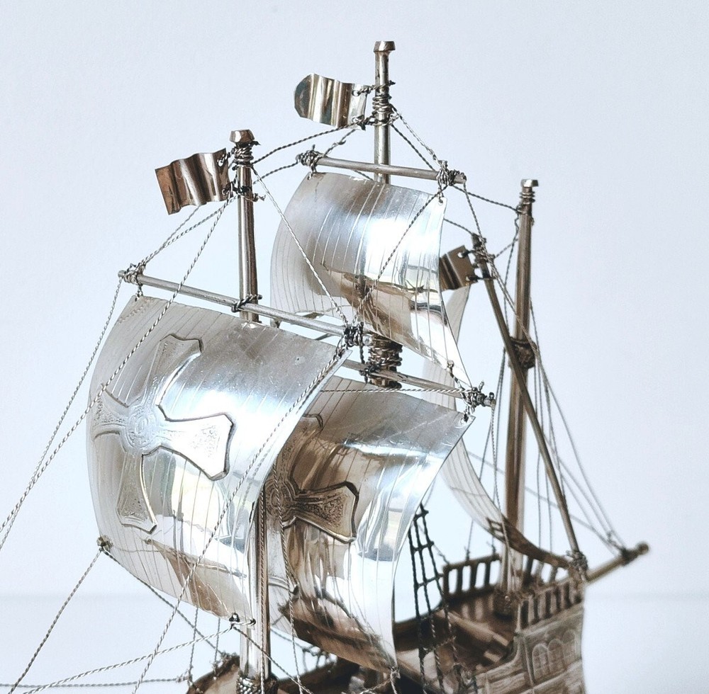 Old Vintage Sterling Silver Sail Boat Ship Nautical Figurine Statue Spain 20th C