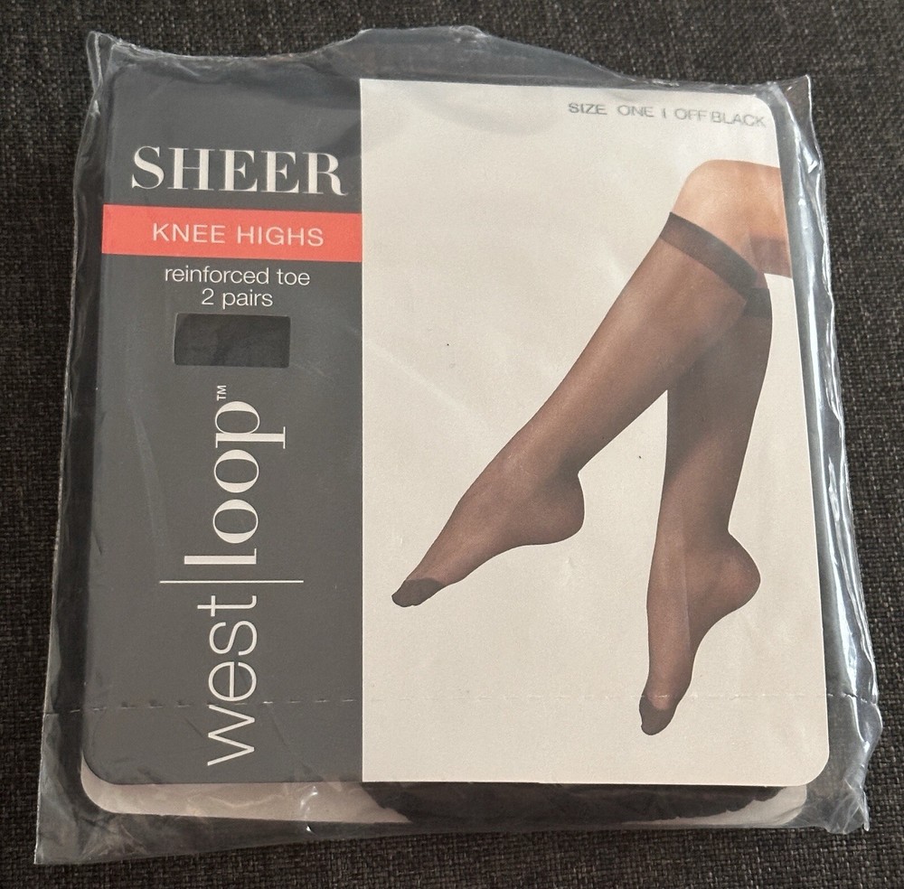 WEST LOOP KNEE HIGH NYLONS STOCKINGS 2 PAIR ONE SIZE OFF BLACK