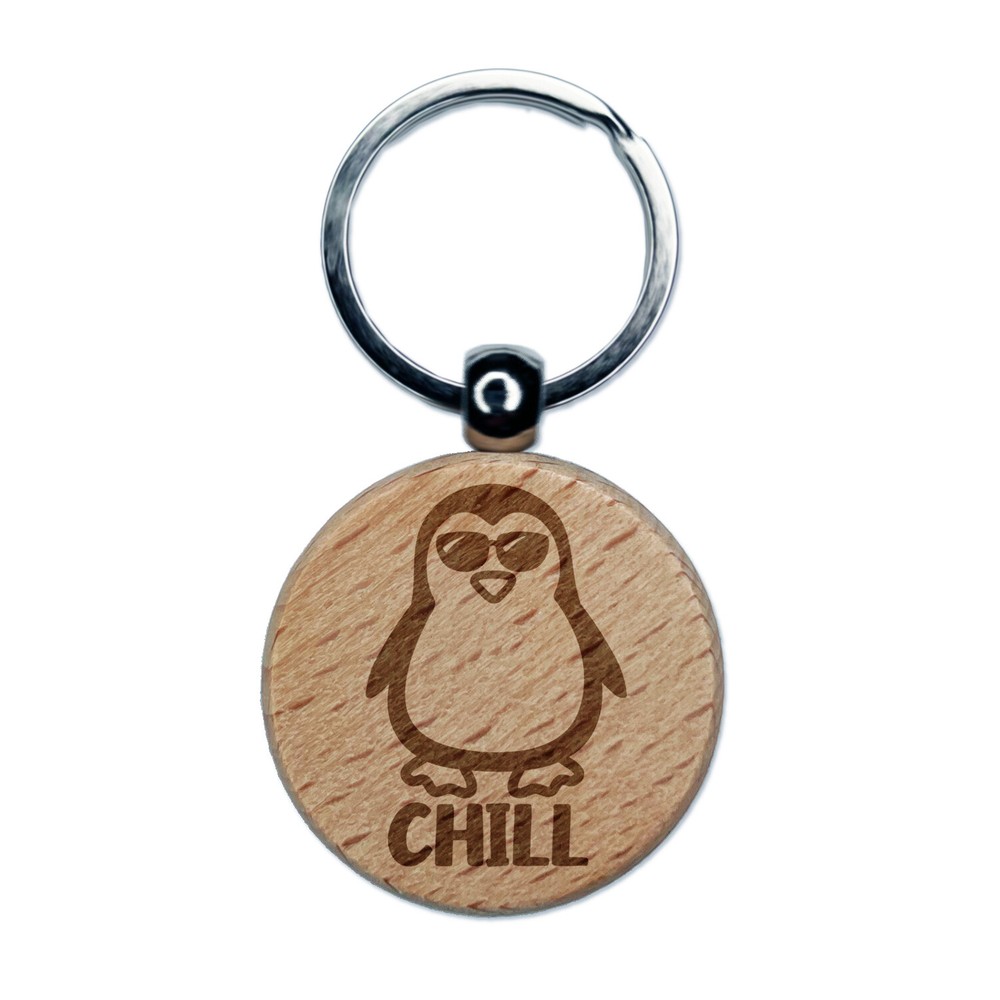 Penguin Chill Engraved Wood Round Keychain Tag Charm