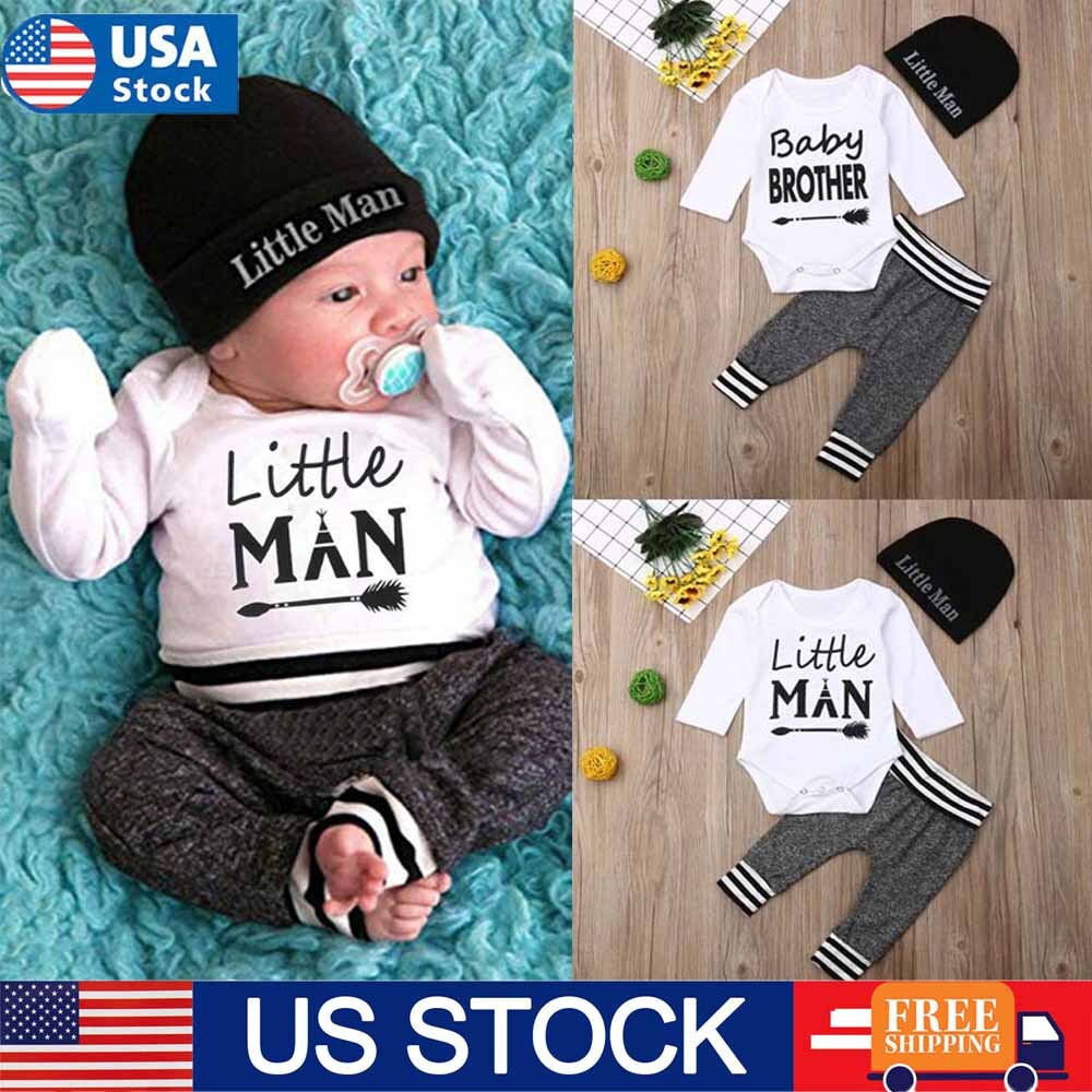 3PCS Set Newborn Kids Baby Boy Romper Tops Shirt +Long Pants Hat Outfits Clothes