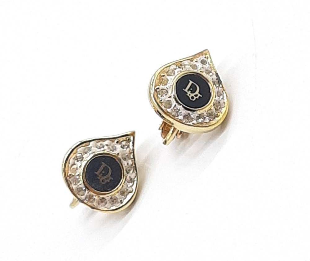 Vintage Dior Gold-Plated Rhinestone Drop Earrings with CD Logo Clip-On