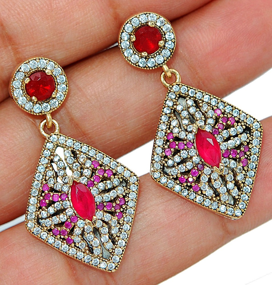 Ottoman Empire Inspired 8CT Treated Ruby 925 Sterling Silver Earrings TE1477