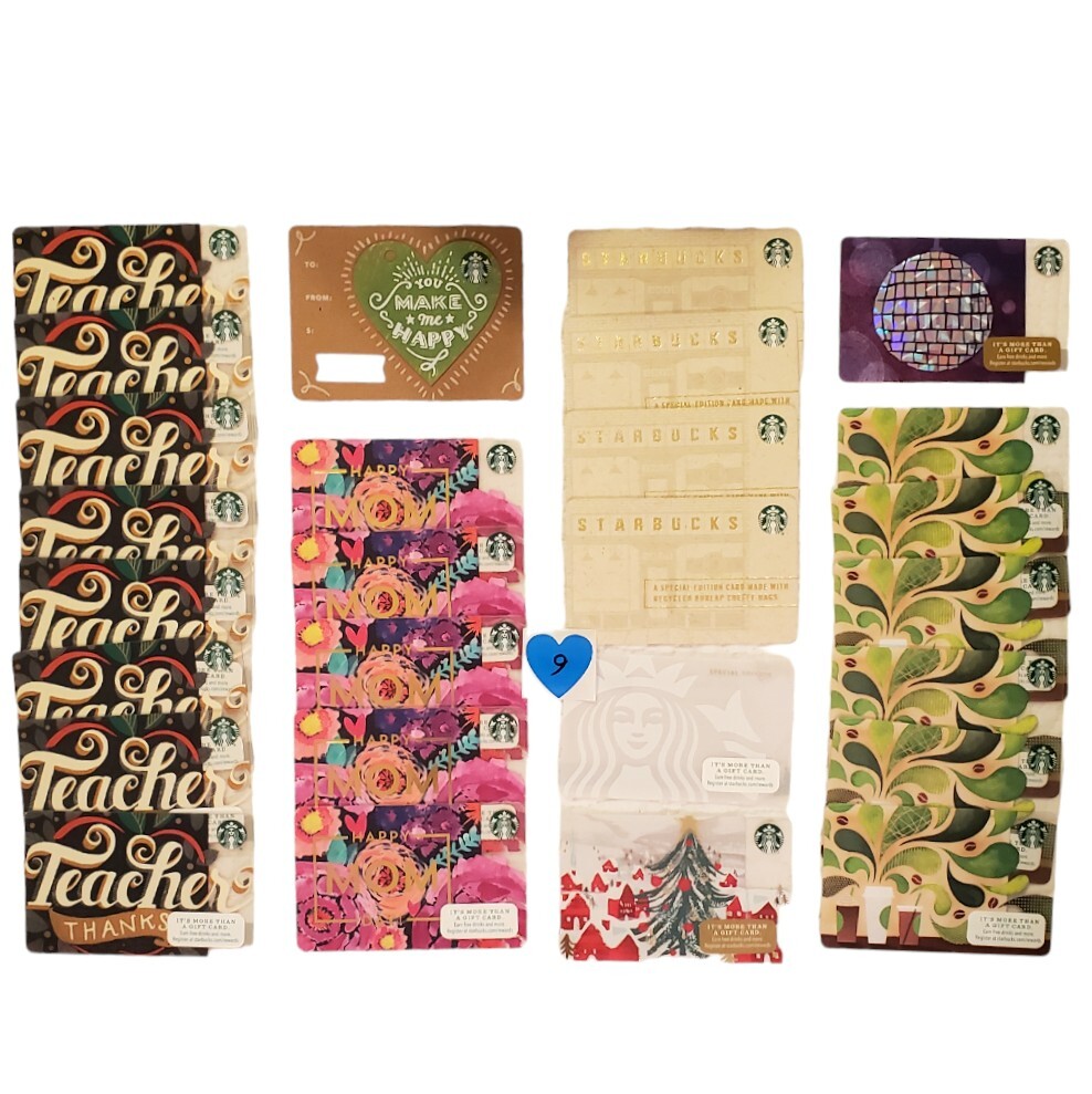 Starbucks Gift Card LOT 9 Die-Cut Heart Recycled Disco Ball Teacher Thanks Mom