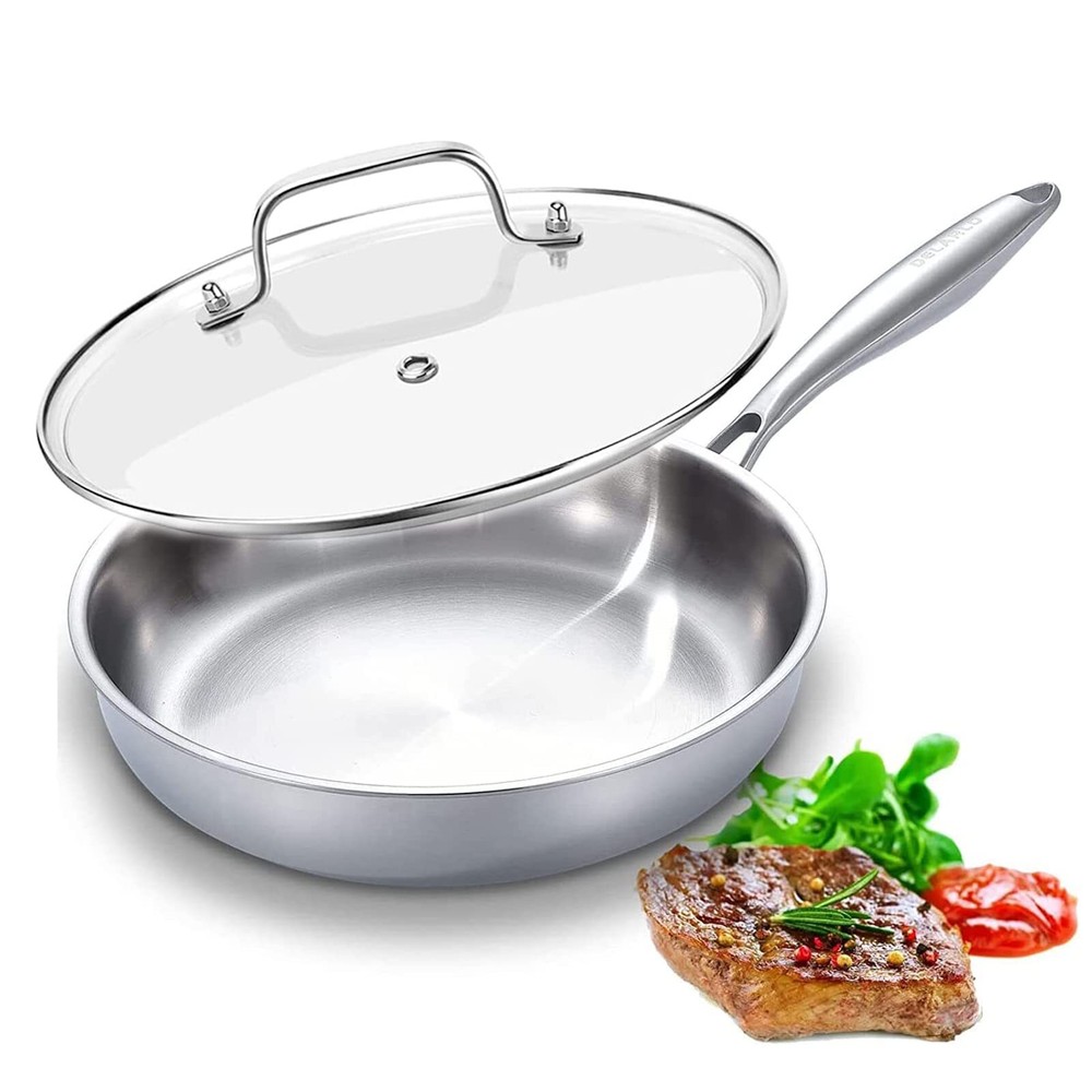 Tri-Ply Stainless Steel Pan, 12 inch Frying Pan with Lid, Compatible with All...