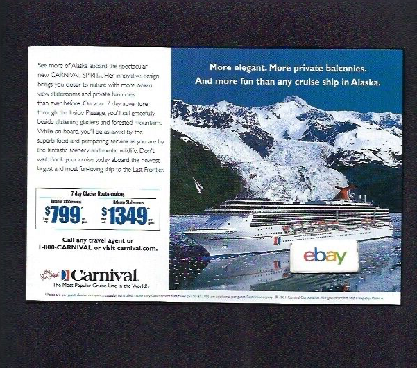 CARNIVAL CRUISE LINE M/S SPIRIT FUN SHIP 7 DAY ALASKA CRUISES 2001 AD