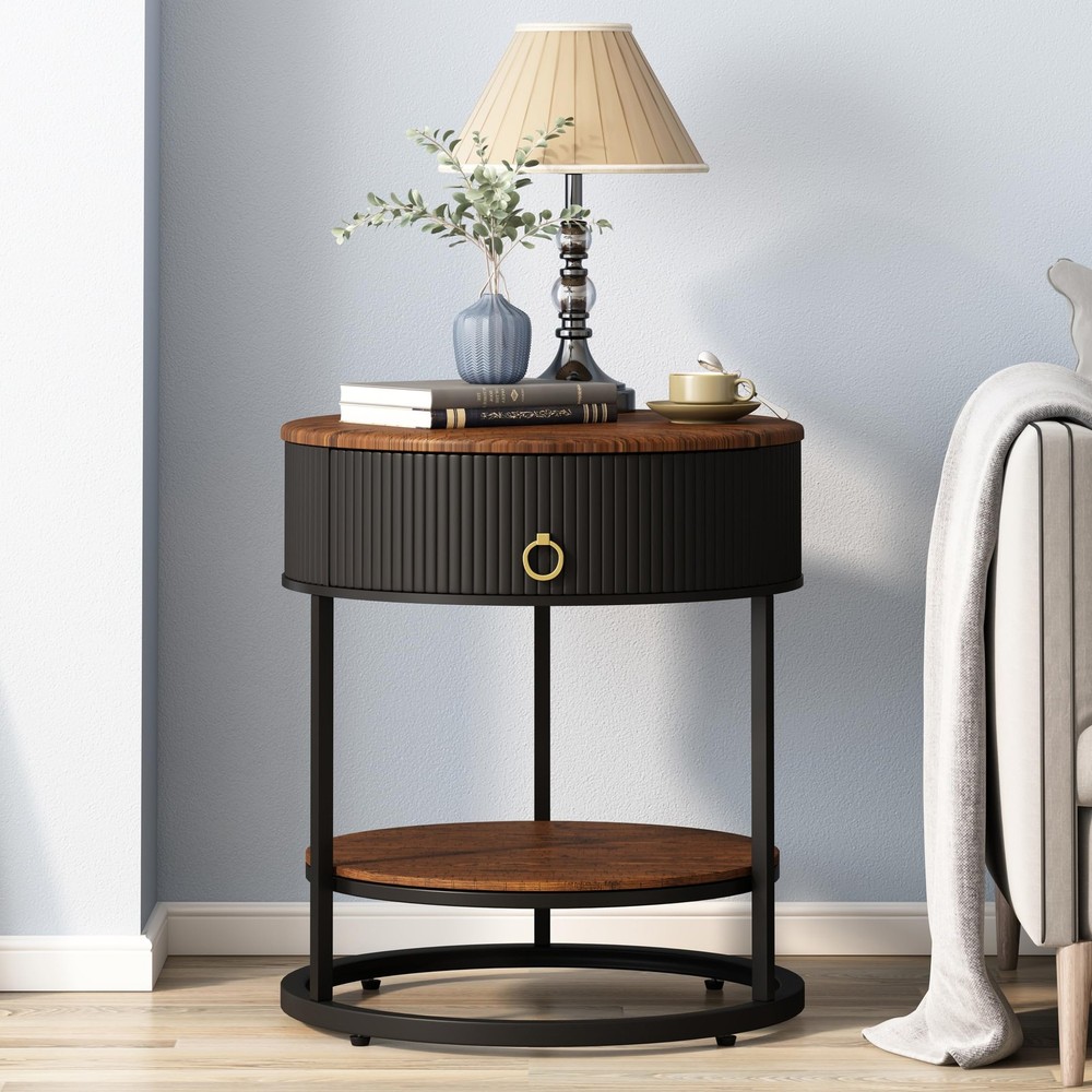 Modern Round Wood Grain End Table with Drawer & 2-Tier Shelf
