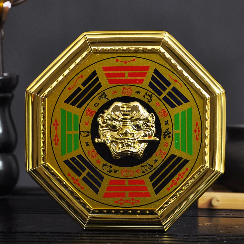 12cm Chinese Feng Shui Gilt Taiji Eight Diagrams Mirror Twelve Zodiac Mirror