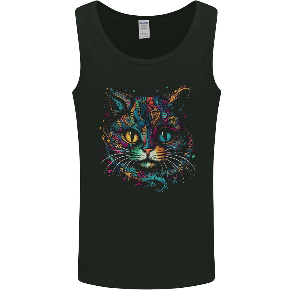 Multicoloured Tribal Fantasy Cat Mens Vest Tank Top
