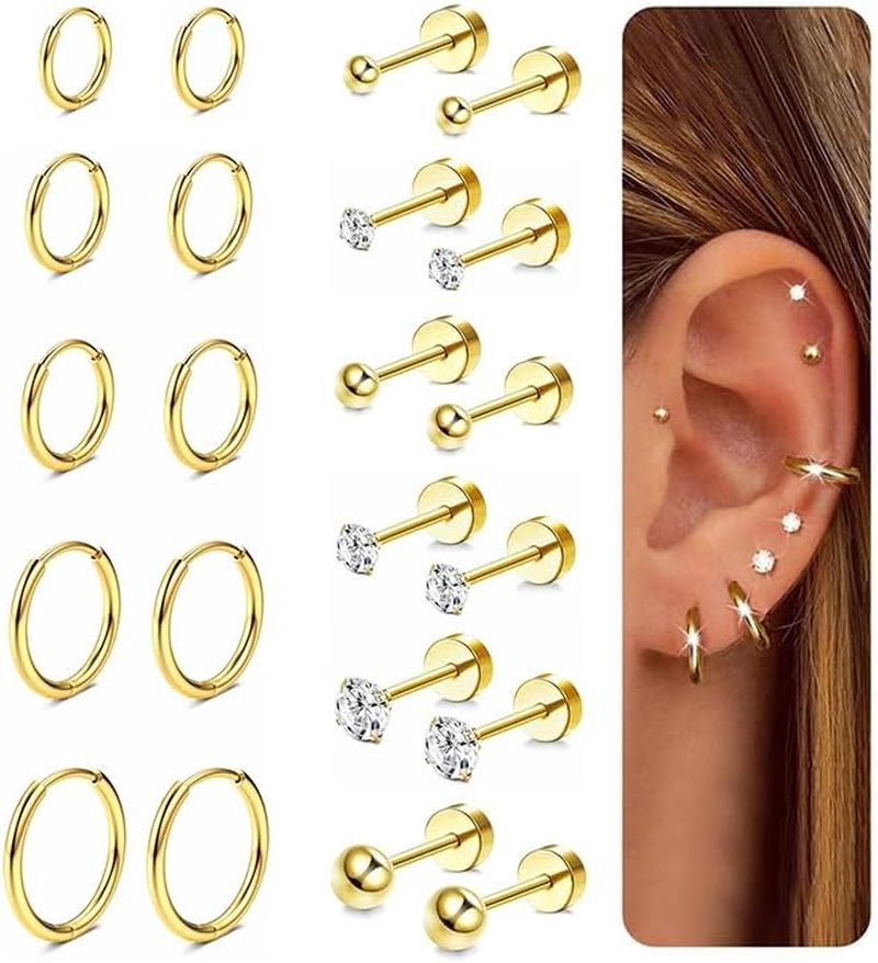 Hypoallergenic 14K Gold Plated Flat Back Stud Earrings for Women & Men