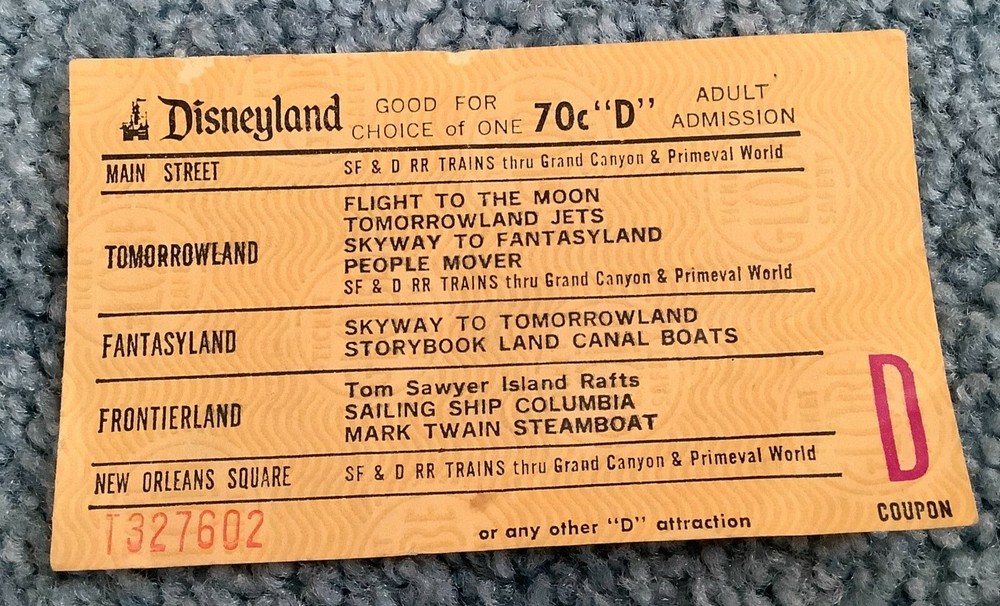 Vintage Disneyland D Ticket Coupon for 70c Attraction Ride-image