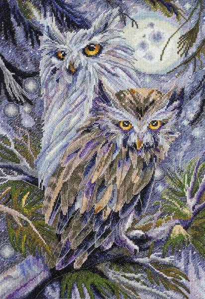 Cross stitch kit - Owls 25x37cm White Aida 14ct needlepoint kit