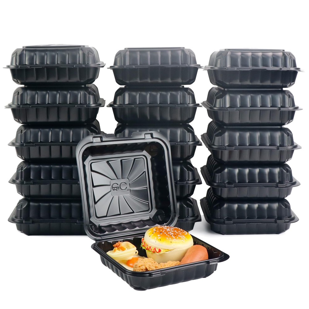 Tabergpak 50-Pack 8-Inch Reusable Black Clamshell Takeout Containers