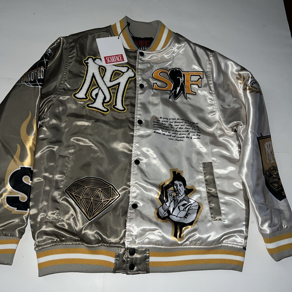 Reason X Scarface Tony Montana Satin Varsity Jacket Gold White Men's Sz L NEW