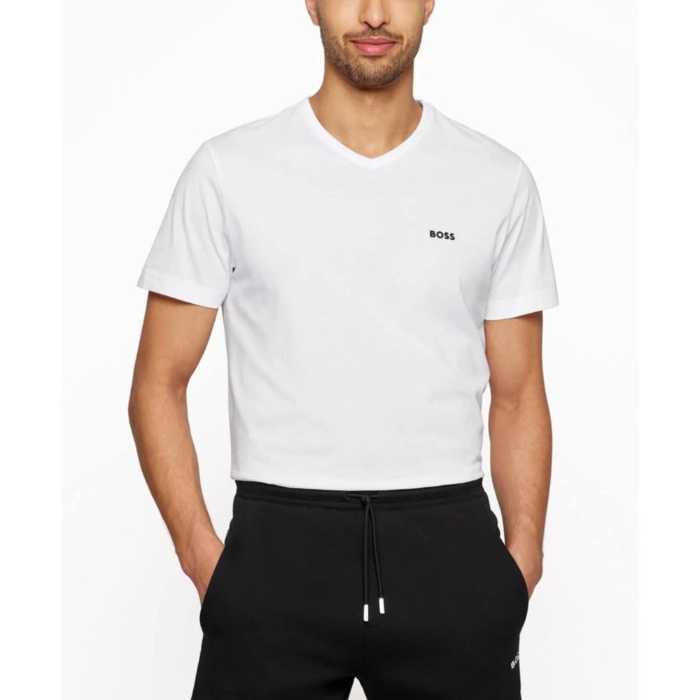 New BOSS Men's White Logo V Neck T-Shirt Size XXL