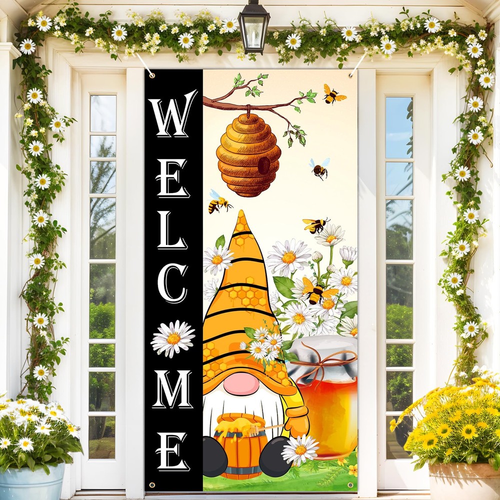 Summer Bee Gnome Welcome Door Banner with Honeycomb and Daisy Flowers