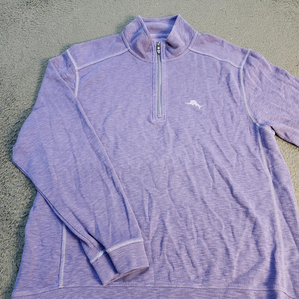 Tommy Bahama Sweater Mens Large Purple Quarter Zip Mock Neck Knit Pullover Logo
