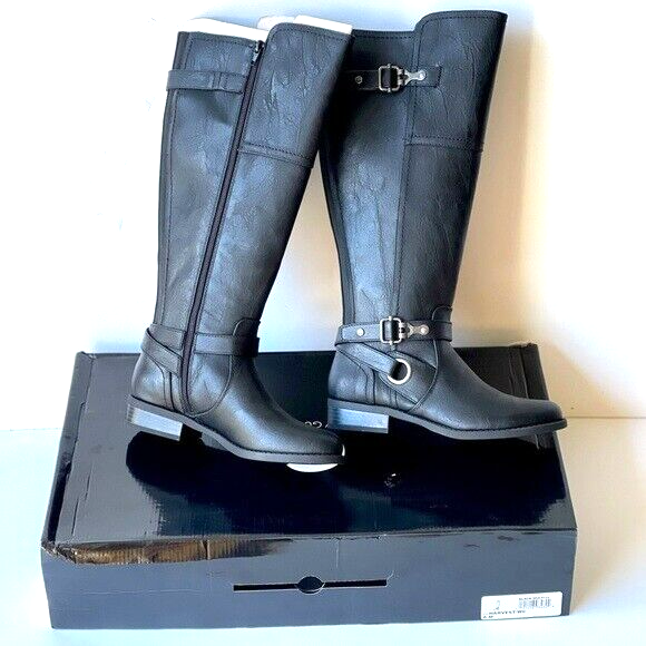 G by Guess Black Knee High Boots w Buckle Flat Tall Boots Harvest-WC, Sz 6M