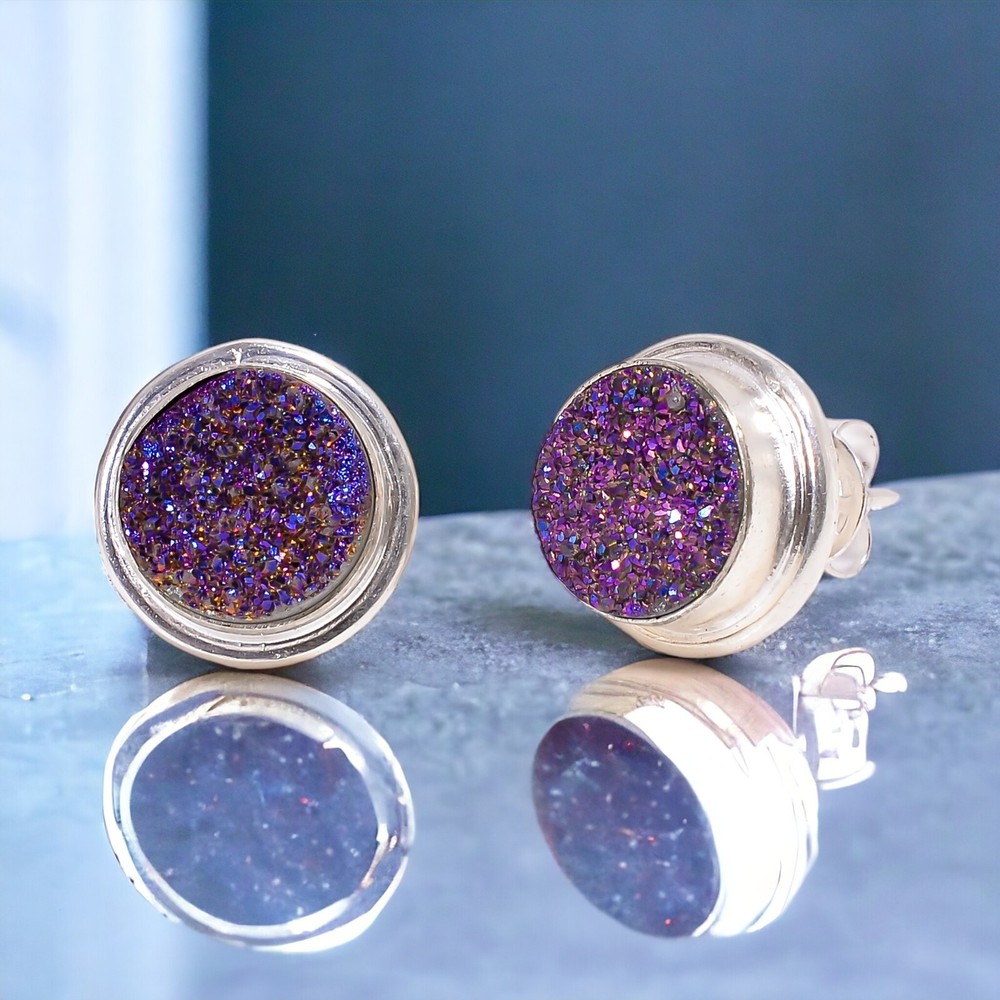 Natural Titanium Druzy Stud Earrings: 925 Silver Dainty Anniversary Gift for Her