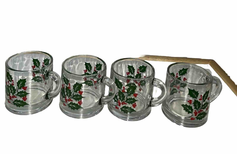 Holly Christmas Clear Indiana Glass Cups Coffee Tea Xmas Eggnog Vintage Set (4)