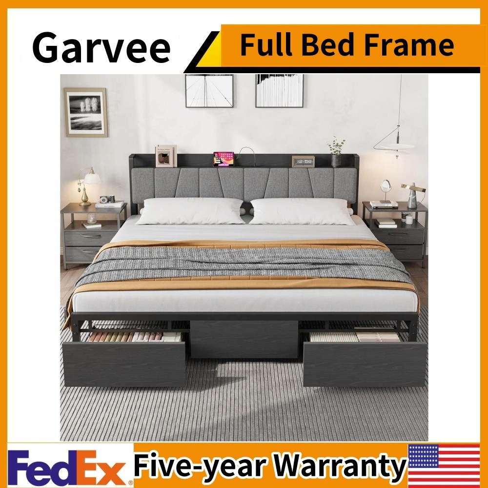 Full Size Bed Frame W/Storage Headboard Industrial Full Platform Bed W/2 Drawe