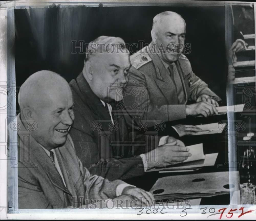 1957 Press Photo Nikita Khrushchev, Nikolia Bulganin & Georgi Zhukov in Russia