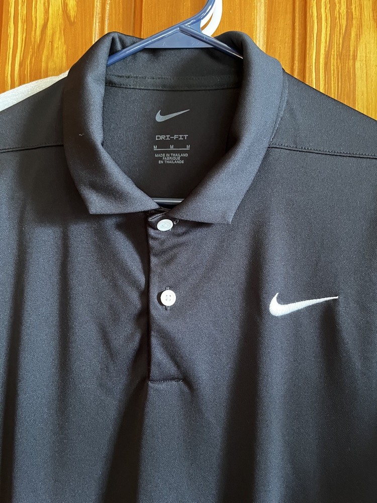 Nike Polo Shirt Mens Med Black Short Sleeve Dri-Fit Golf Swoosh Logo Embroidered