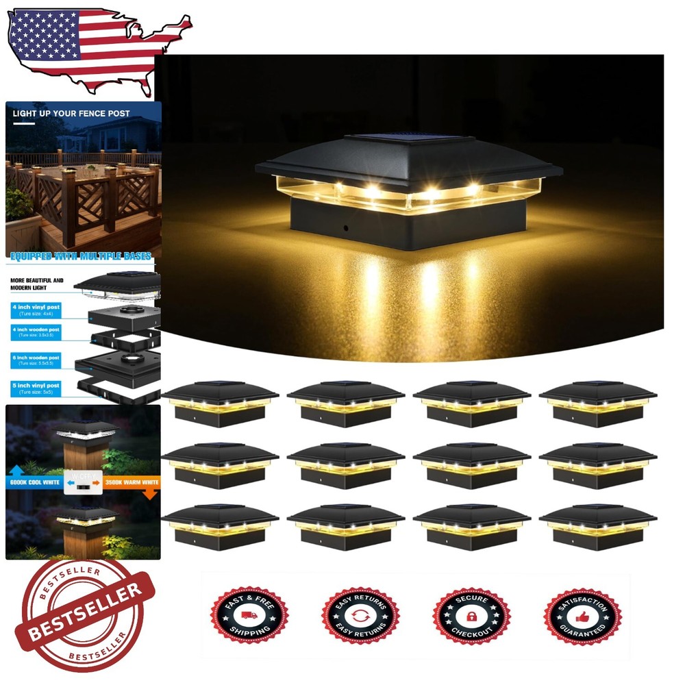 12-Pack Solar Post Cap Lights for 4x4 & 6x6 Deck Posts - Waterproof Elegant Outdoor Lighting