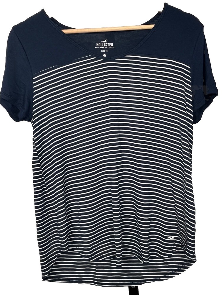 Hollister Top Easy Tee Short Sleeve Hi Lo V Neck Blue White Stripe Shirt Small