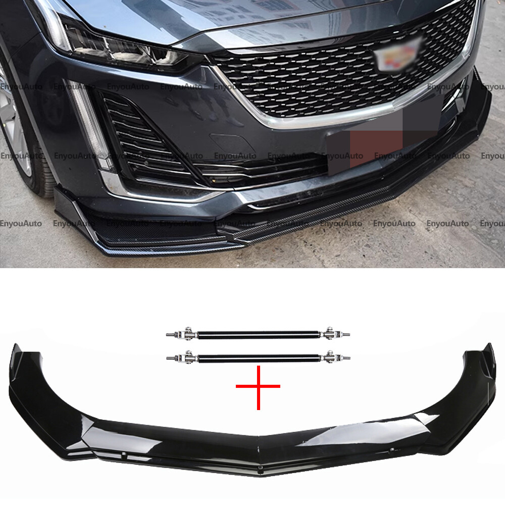 Glossy Black Front Bumper Lip Spoiler with Strut Rods for Cadillac XT4 XT5 XT6