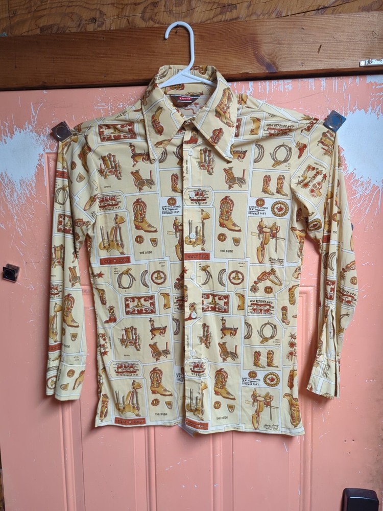 Vtg 70s Levis Cowboy Shirt Western Disco All Over Print USA See Measurements