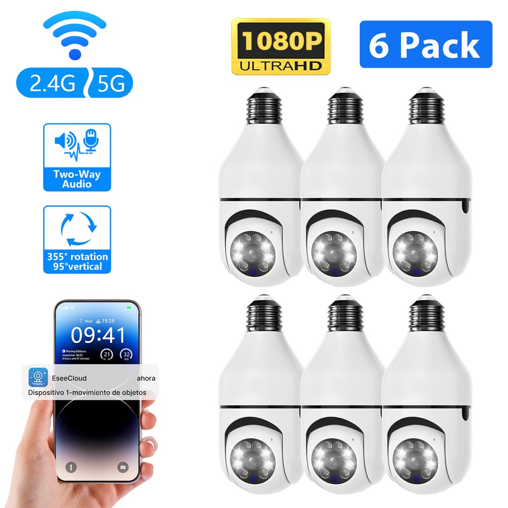 6PCS 360° 2K IP E27 Light Bulb Camera Wi-Fi IR Night Smart Home 2-Way Audio