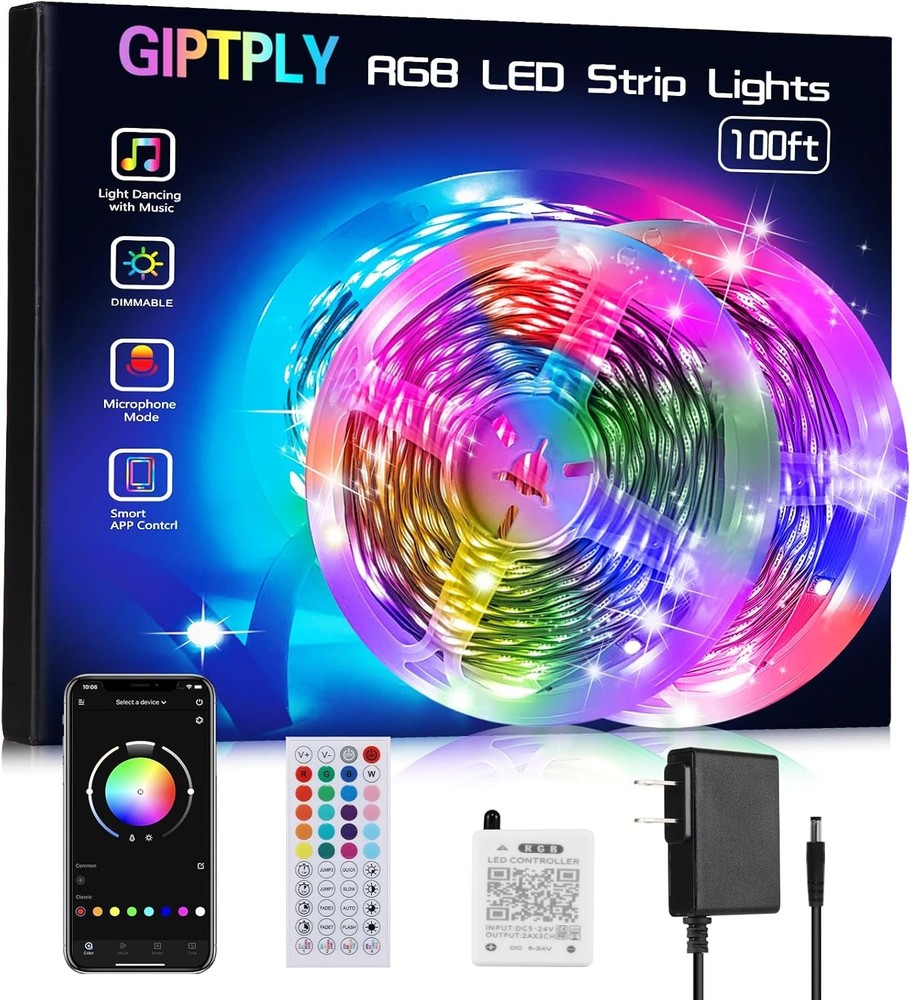 100ft LED Strip Lights for Bedroom with Music Sync & Multicolor