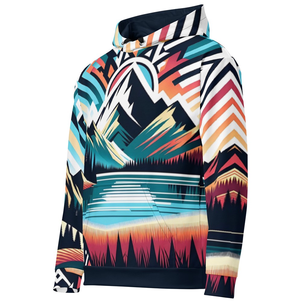 Colorful Mountain Hoodie Unisex Pullover, Retro Sunset Landscape All-Over Print