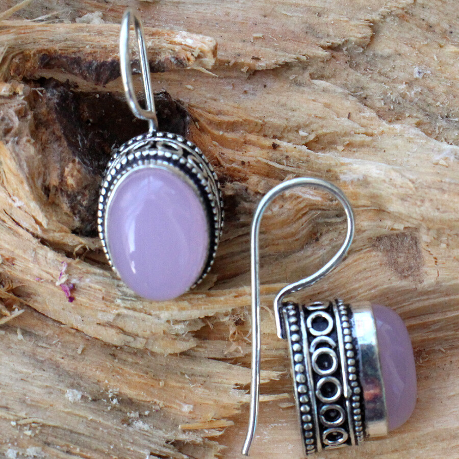 925 Silver Plated Vintage Pink Chalcedony Earrings Jewelry Size 1.3