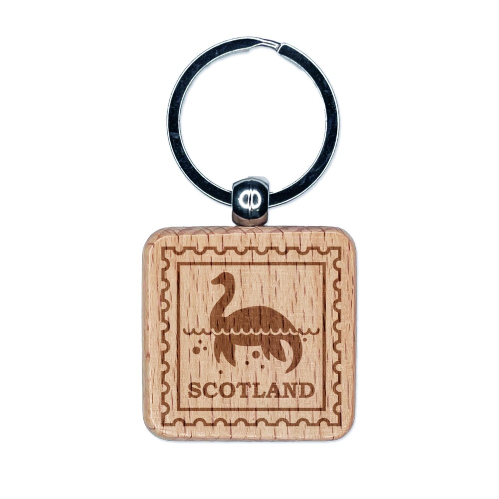 Scotland Travel Loch Ness Monster Nessie Engraved Wood Square Keychain Tag Charm