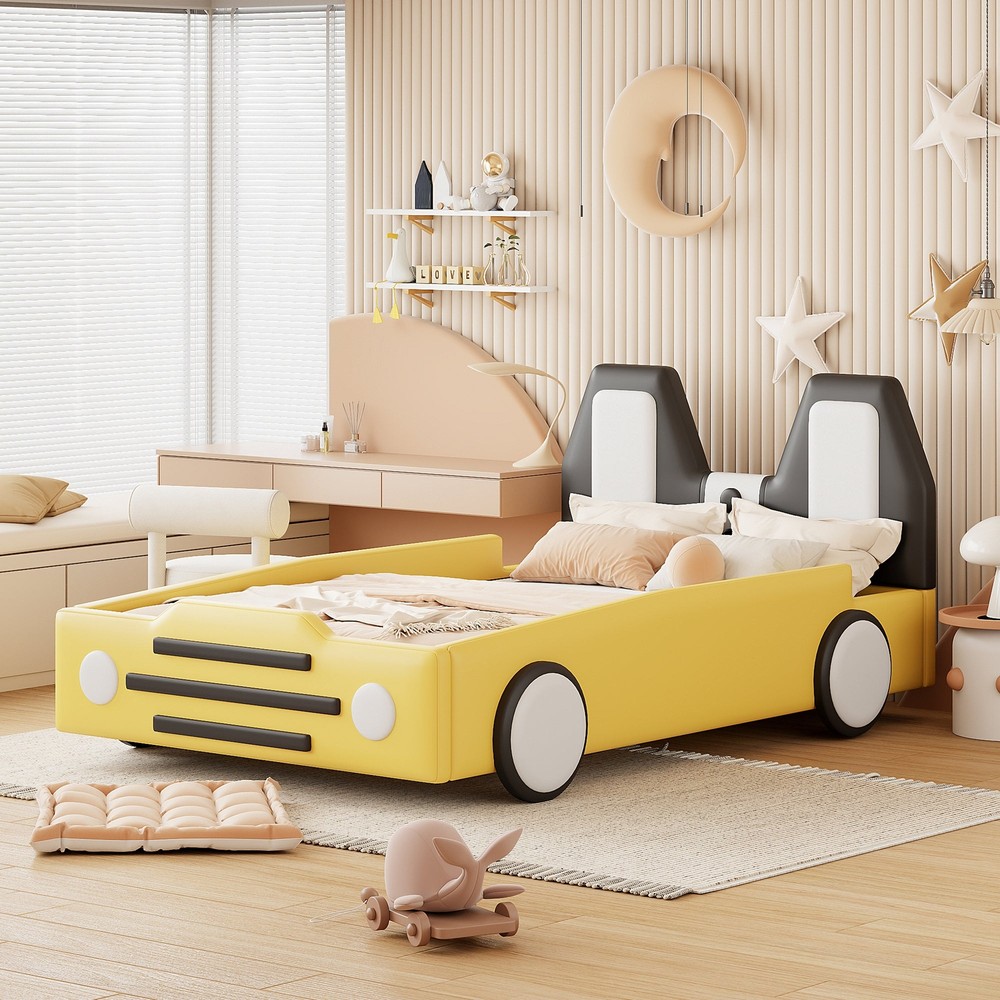 Race Car Twin Bed with Wheels in Vibrant Yellow for Kids