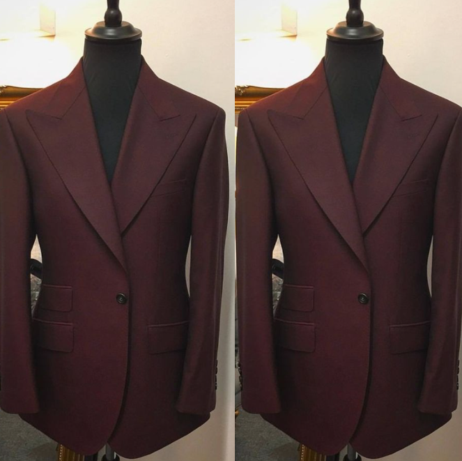 Burgundy Men Suits Wide Peak Lapel Formal Business Wedding Groom Tuxedo 2 Pieces