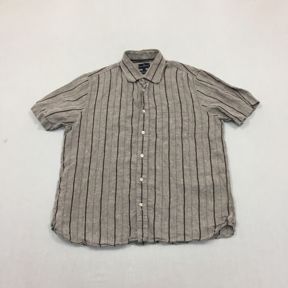 M&S 100% Pure Linen Shirt Mens Large Button Up Short Sleeve Brown Striped (L)