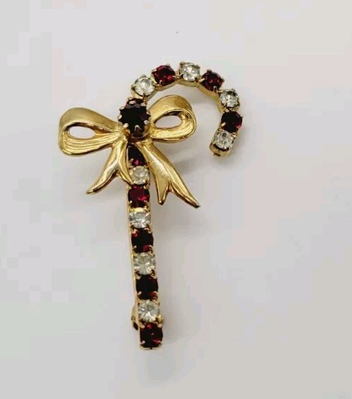 Christmas Candy Cane Brooch with Multicolor Crystals in Gold Tone - 1.5 Inch Holiday Pin