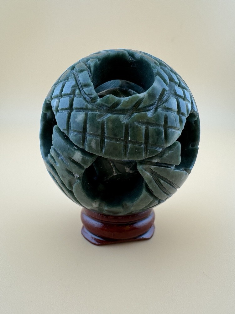 * Vintage Hand Carved Chinese Green Jade Revolving Puzzle Ball with Stand