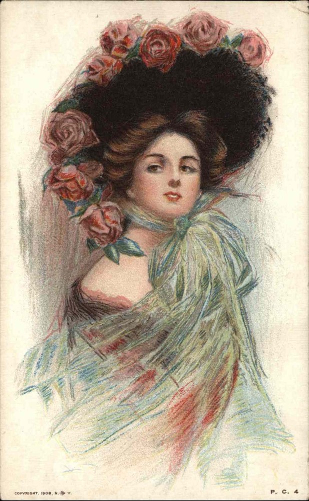 Vintage Postcard Beautiful Woman Flowers Elegant Hat P.C.4 Maud Humphrey Bogart