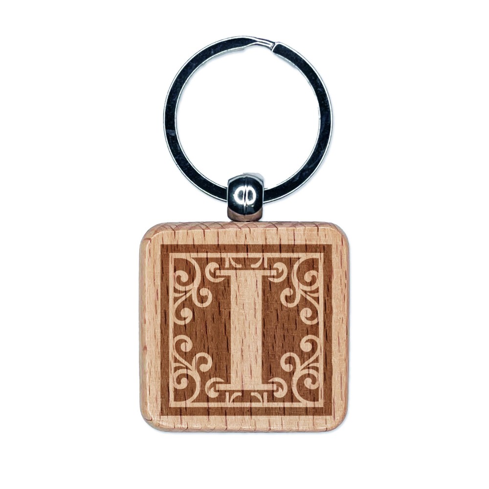 Monogram Swirls Capital Letter I Engraved Wood Keychain Charm  
