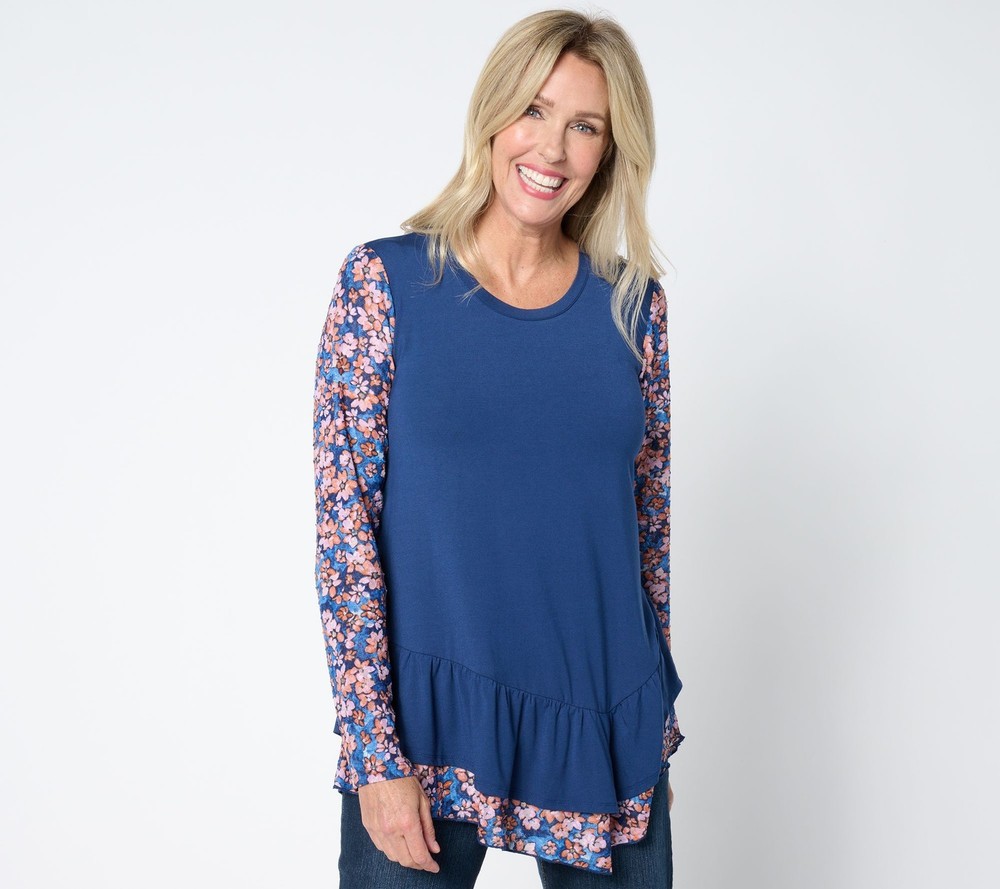 Maya J Women's Top Sz XL Long Sleeve Scoop Neck Lace Mix Blue A659751