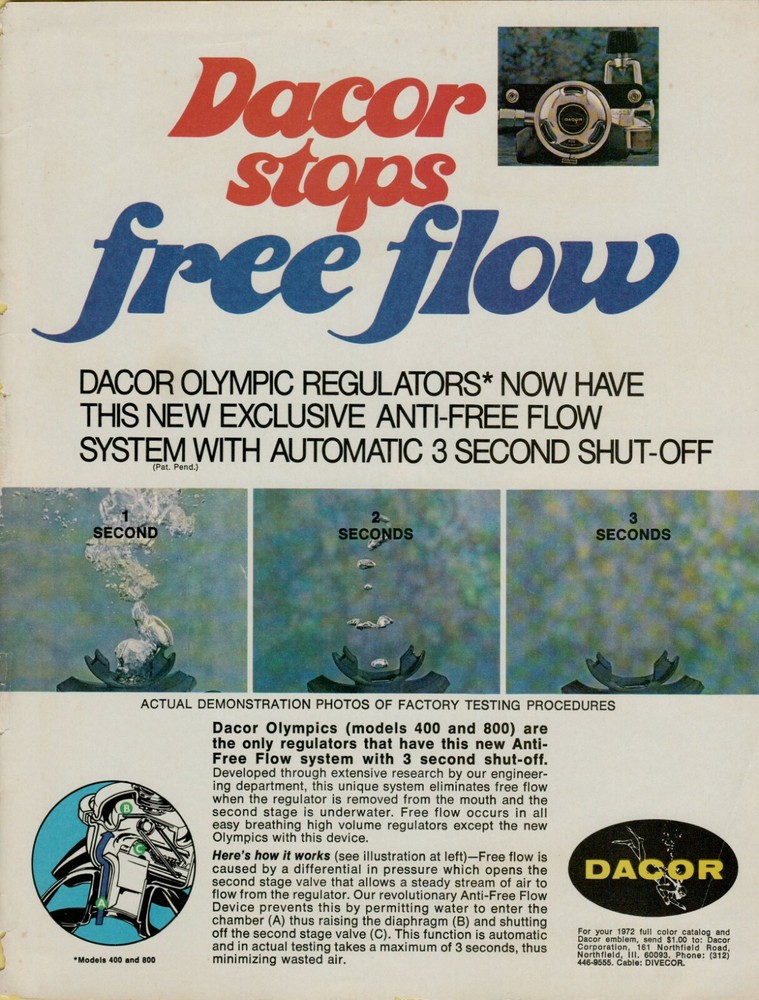 1972 Dacor Olympic Regulators Anti Free Flow System Diving Gear Vintage Print Ad