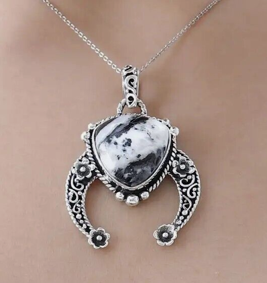 Authentic White Buffalo Gemstone Squash Blossom Naja Pendant Sterling Silver NWT