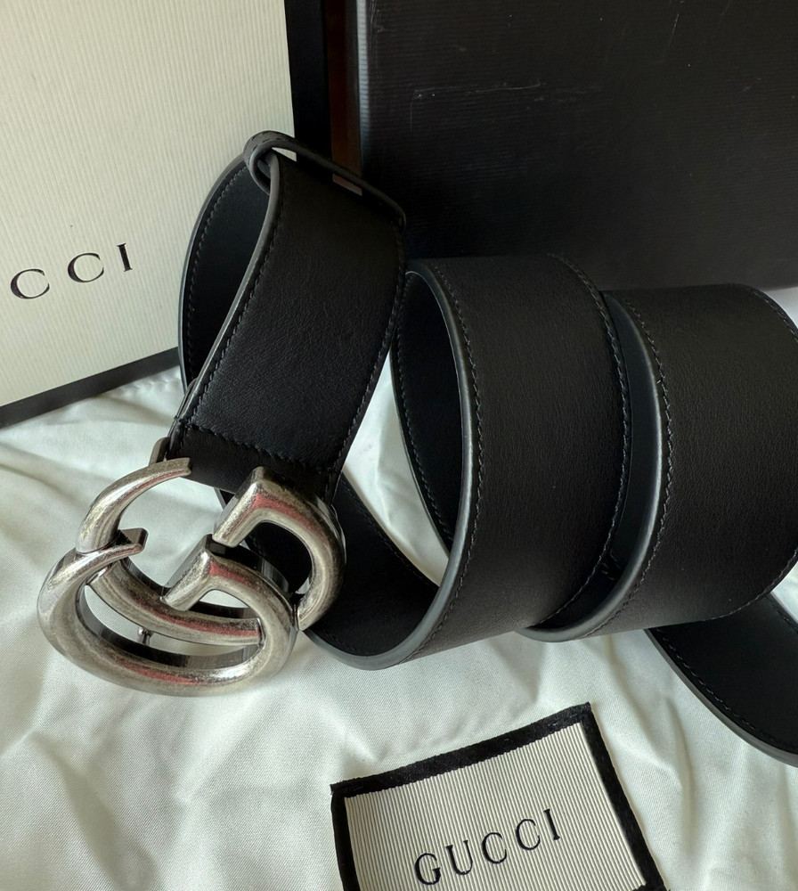 Gucci GG Marmont Black Leather Belt Silver Brass Buckle Size 105 cm Fits 36/38 W