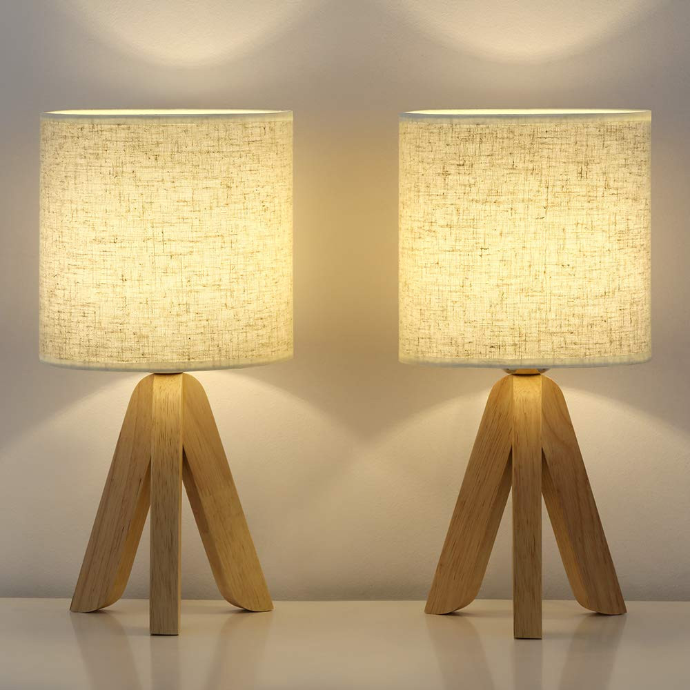 Wooden Tripod Nightstand Lamps Set of 2 for Bedroom Living Room