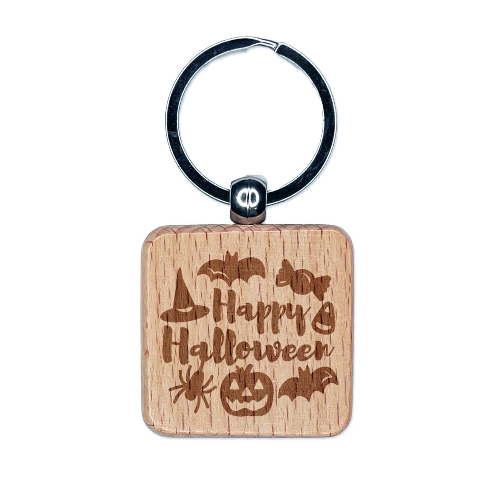 Halloween Candy Bat Spider Engraved Wood Keychain Charm Gift  