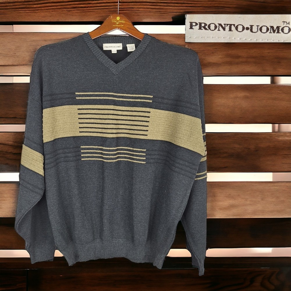 Vintage Pronto Uomo V Neck Sweater Mens XL Brown Geometric Made in USA Acrylic